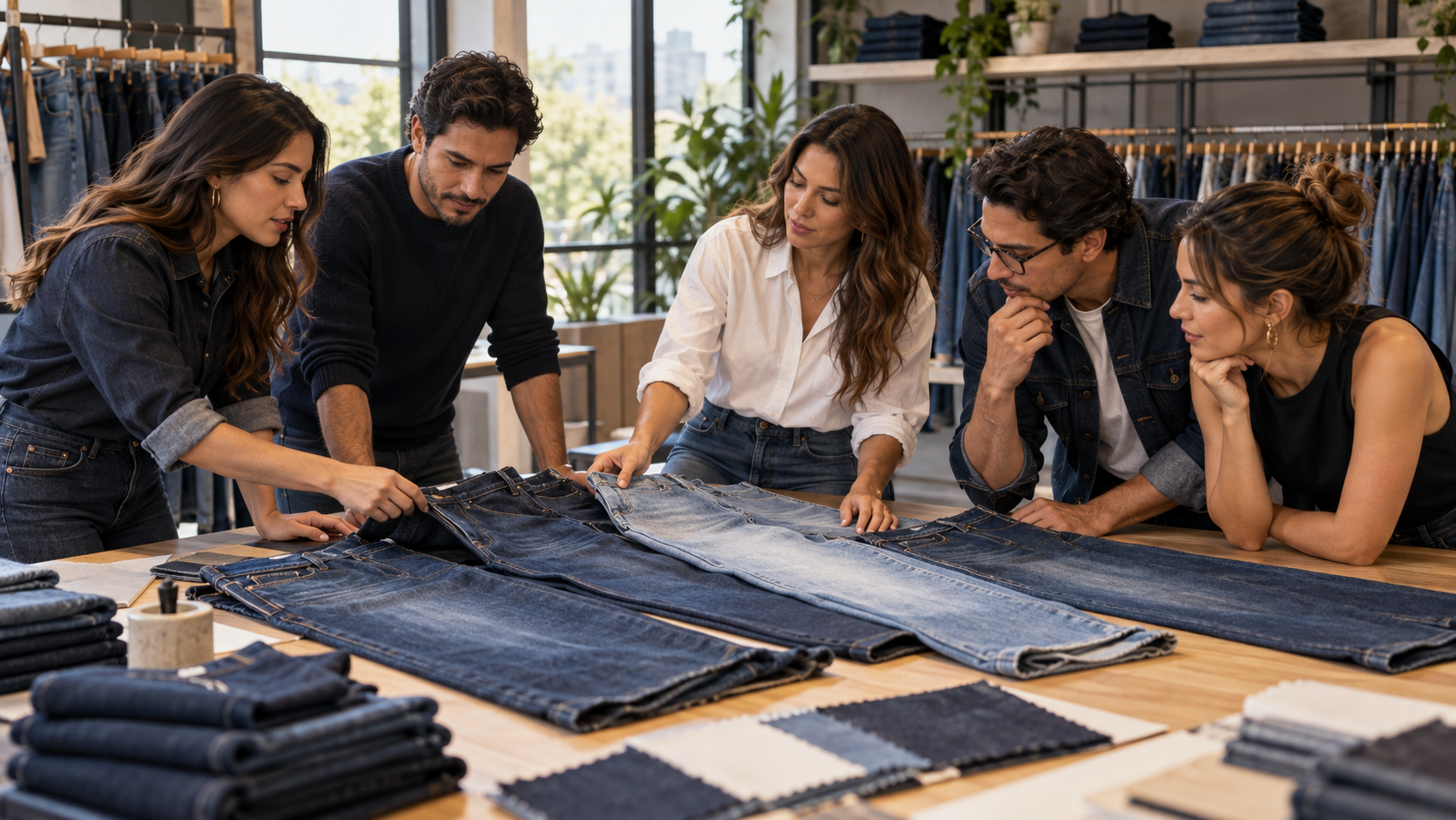 Profesionales revisan pantalones y muestras de denim en un showroom
